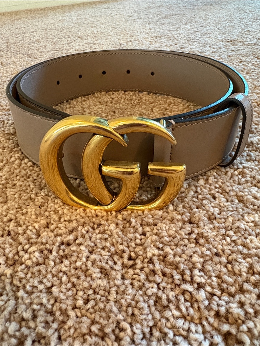 Gucci Taupe Leather Belt with Oversized Gold Double G Buckle